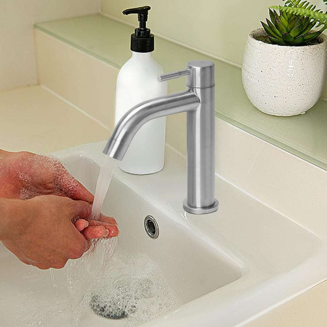 Waschtischarmatur Edelstahl Kaltwasserhahn Gäste WC mit Schlauch, Kaltwasser Armatur, Wasserhahn Bad