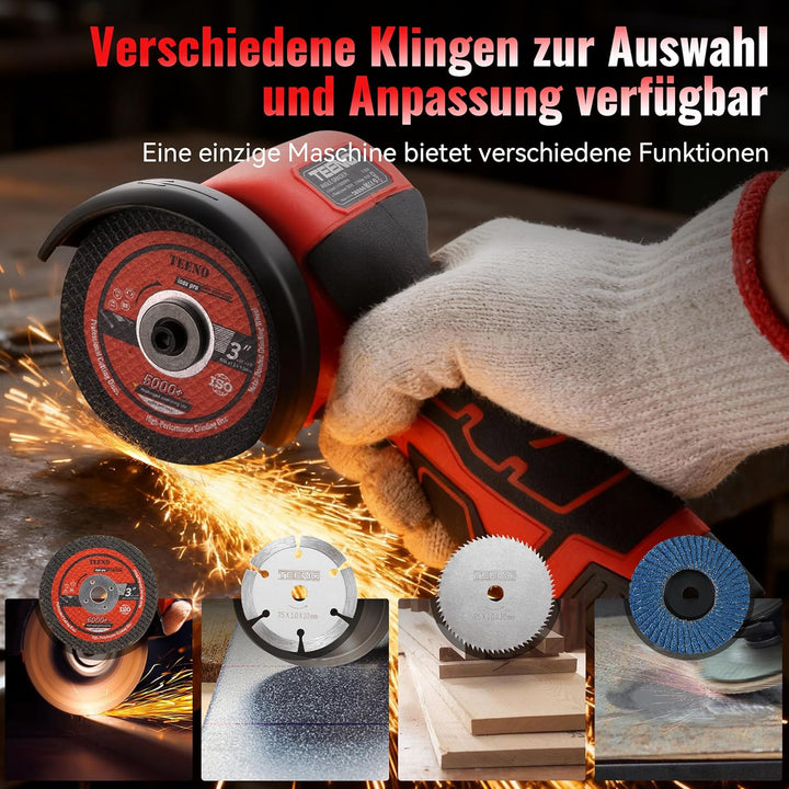 Winkelschleifer TEENO 19.500 U/min – kabellose Schleifmaschine, 76 mm, Komplettset mit 2 Akkus 2000