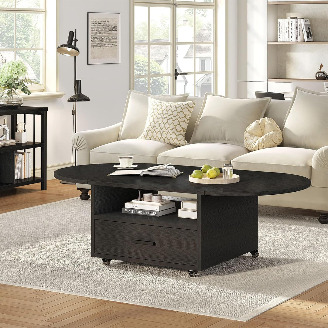 IBF Klappbarer Couchtisch mit Stauraum Holz Oval Wohnzimmer Tisch mit Schublade Modern Ausziehbarer