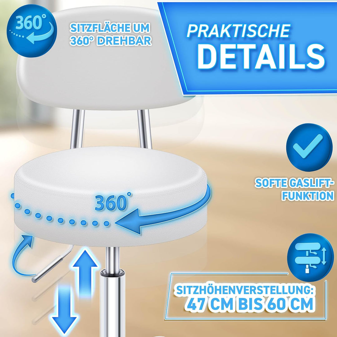 TRESKO® Rollhocker mit Lehne Weiss | Arbeitshocker höhenverstellbar 46-58 cm | Drehhocker mit Rollen
