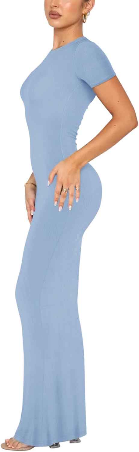 REORIA Damen Sommer Casual Lounge Langes Kleid Elegant Kurzarm Rundhalsausschnitt Figurbetontes Maxi