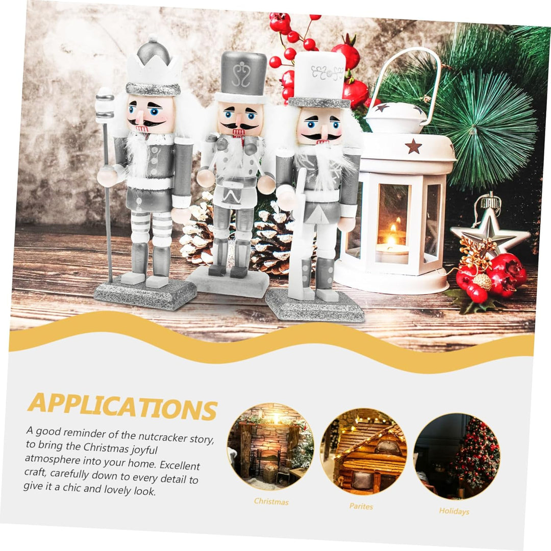 MAGICLULU 15cm Holz Nussknacker Ornament 3 Stück Silberweiss Zum Aufhängen Weihnachtsbaum Tischdeko