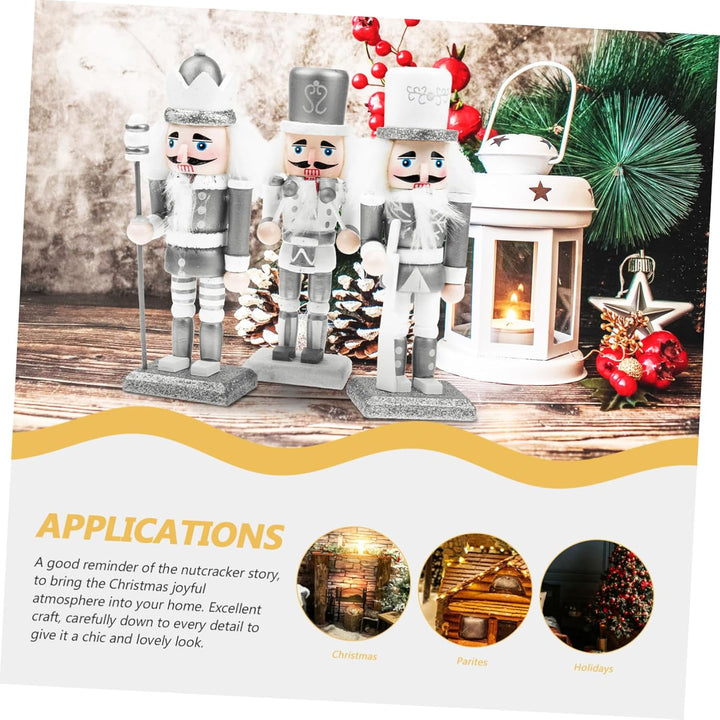 MAGICLULU 15cm Holz Nussknacker Ornament 3 Stück Silberweiss Zum Aufhängen Weihnachtsbaum Tischdeko
