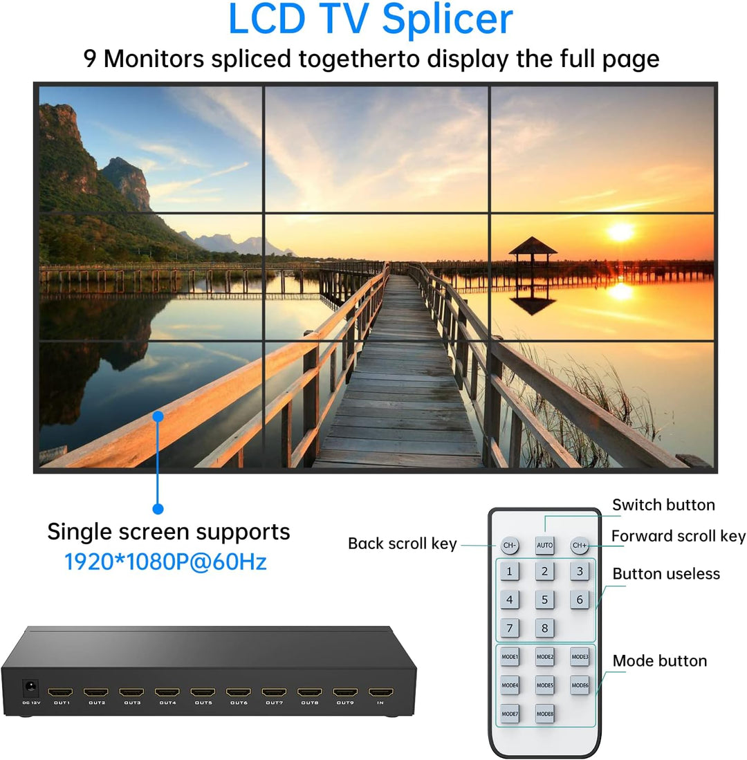 Yinker Videowand Controller 3x3 HDMI Video Wall Processor 1080P@60Hz Unterstützt 13 Modi - 1 HDMI In