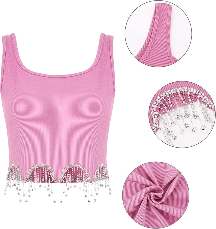 Naimo Damen Crop Top mit Strass Fransen Ärmellos Geripptes Tank Top Sexy Weste Slim Fit Cropped Ober