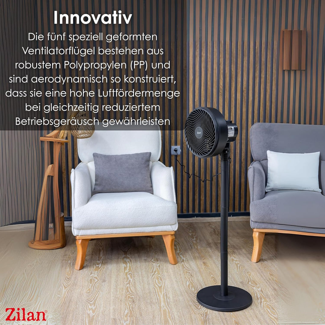 Zilan Standventilator 65 Watt kraftvoller Ventilator sehr leise energiesparend 3 Stufen hoher Luftdu