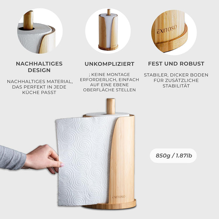 Exitoso Küchenrollenhalter aus Bambus | Küchenpapierhalter Holz für standard Küchenrollen, stehend |