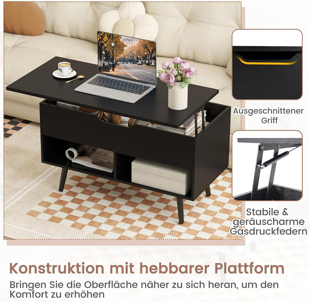COSTWAY Couchtisch höhenverstellbar, Sofatisch mit anhebbarer Tischplatte & 2 offenen Regalen, auszi