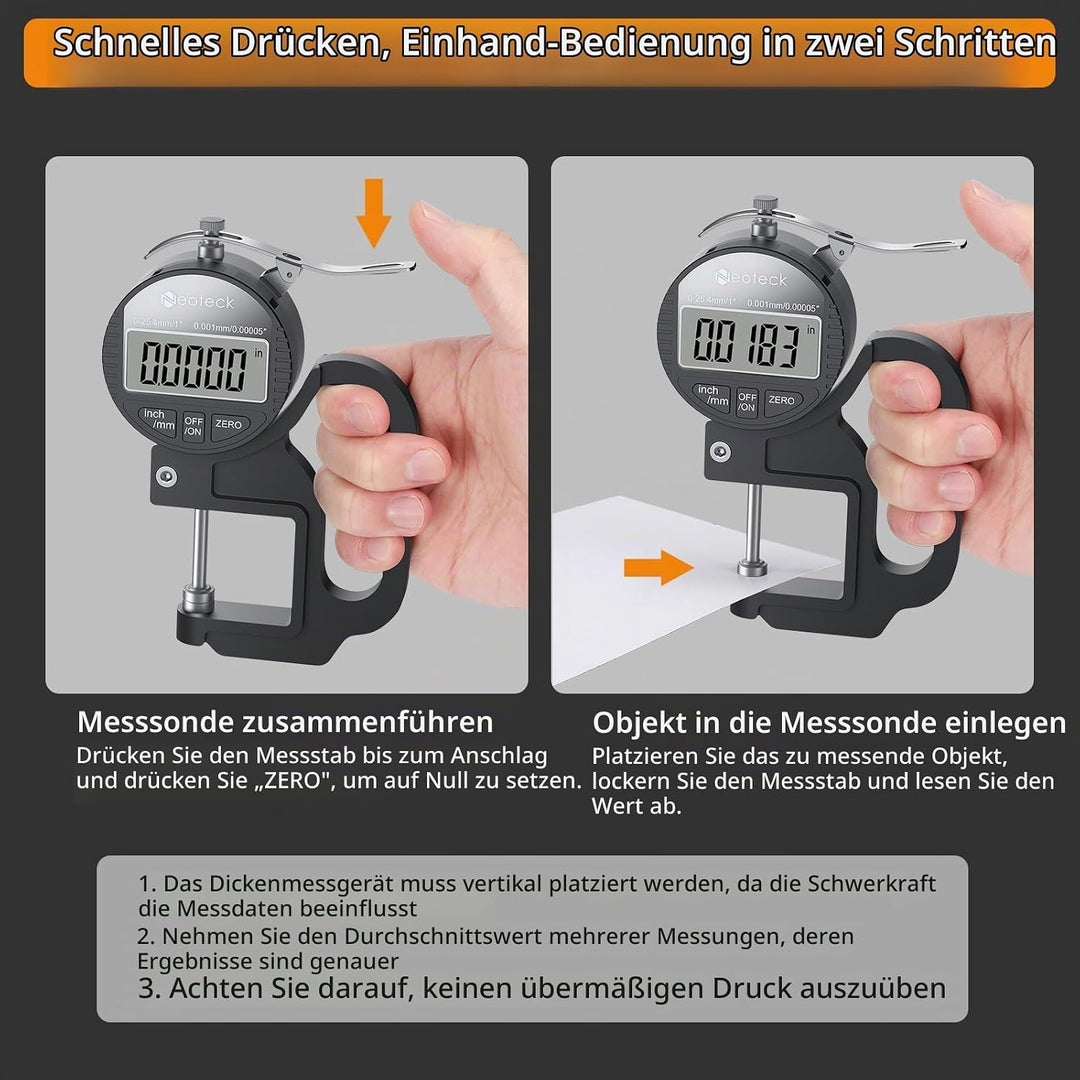 Neoteck Tragbares Digitales Dickenmessgerät 0-25,4 mm Messbereich 0,001/0,00005 &