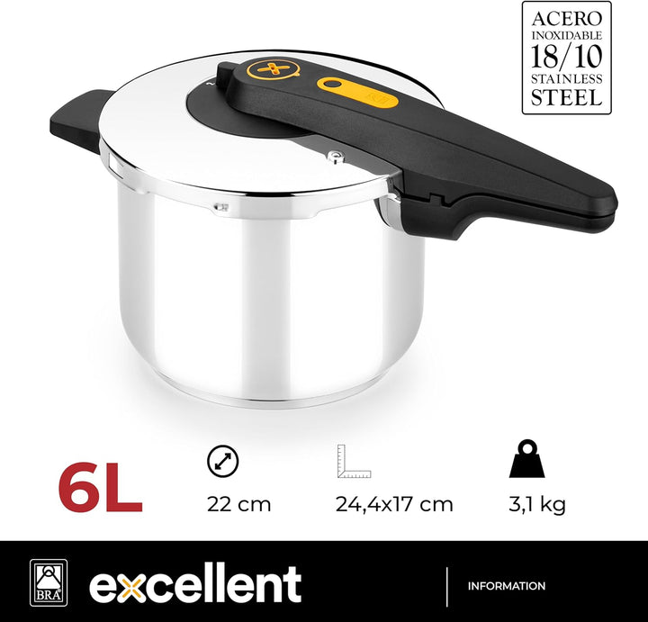 BRA Excellent | 6-Liter-Schnellkochtopf mit einfachem Öffnen, aus Edelstahl 18/10, mit 2 Kochprogram