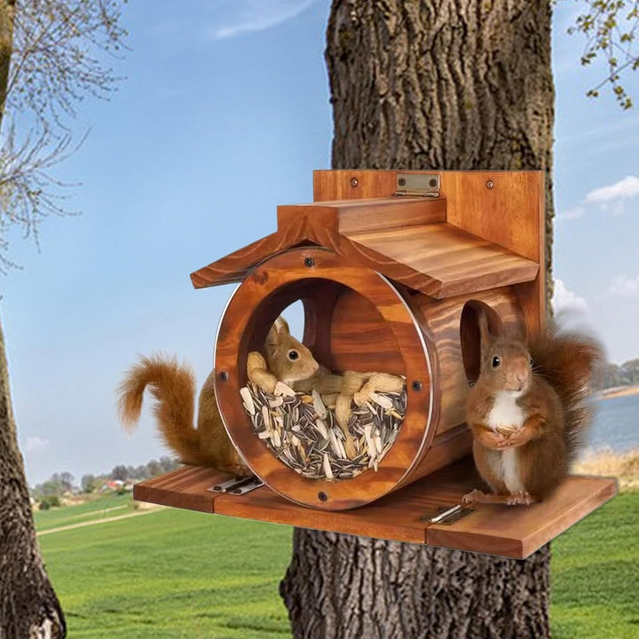 Futterstation für Eichhörnchen Haus aus Holz, Futterbox mit Belüftungslöchern | wasserdichte Box für
