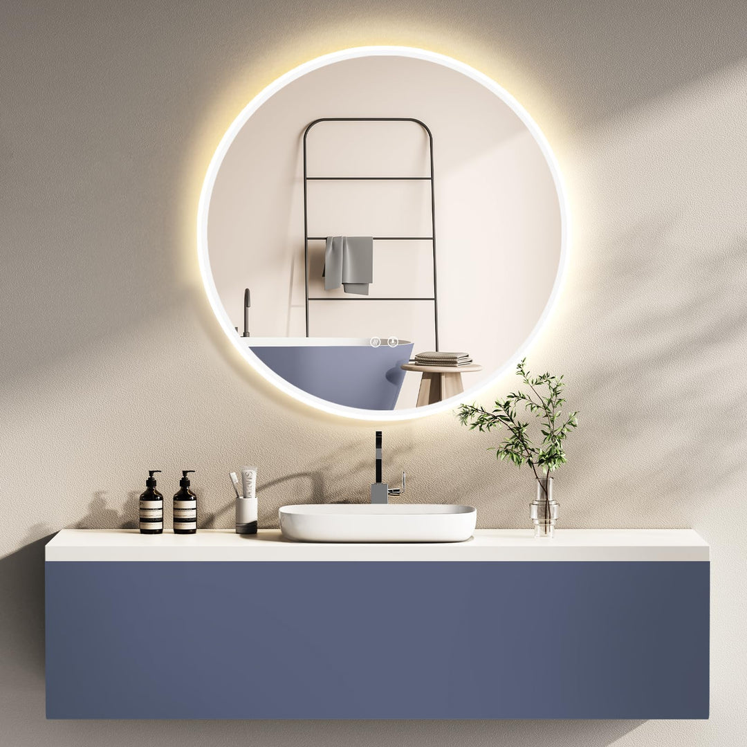 HOKO Antibeschlag LED Badspiegel rund 80 cm Bilbao mit Metall Rahmen Weiss. Touch Schalter + Memory