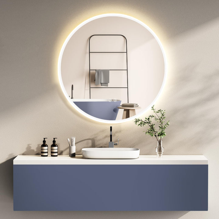 HOKO Antibeschlag LED Badspiegel rund 80 cm Bilbao mit Metall Rahmen Weiss. Touch Schalter + Memory