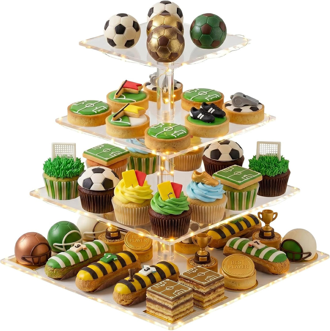powerking 4 Tier Cupcake Stand，Acrylic Square Cake Holder Tree Tower with LED String Light，Clear Des
