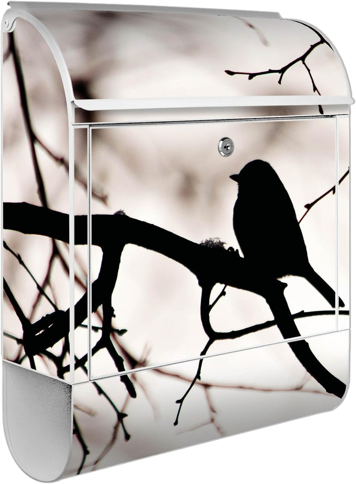 banjado® Design Briefkasten mit Motiv Früher Vogel 39x47x14cm &amp; 2 Schlüssel - Briefkasten Stahl weis