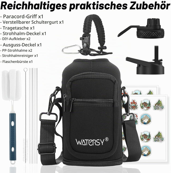 WATERSY Isolierte Edelstahl Trinkflasche 64oz Vakuumisolierte Thermosflasche mit 2 Deckel Auslaufsic