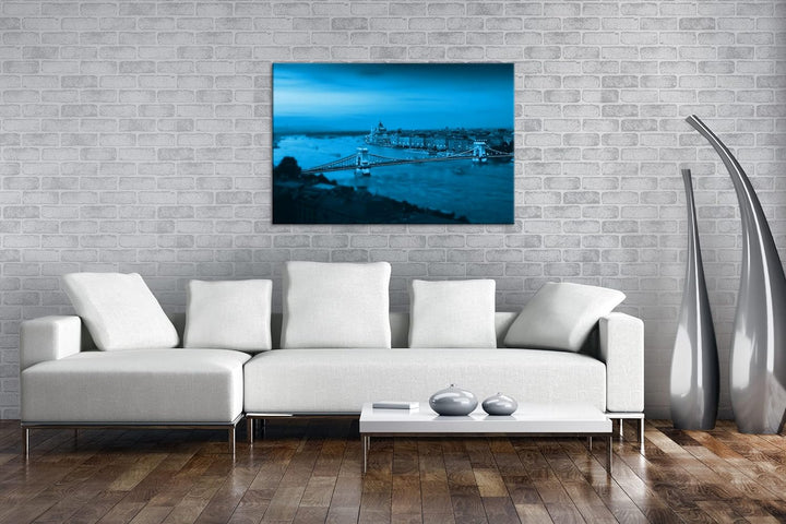 deyoli Budapest bei Abenddämmerung Format: 80x60 Effekt: Monocrome Blau als Leinwand, Motiv fertig g