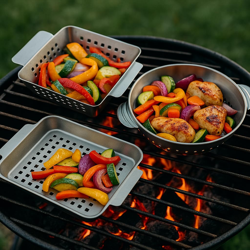 HeRo24 Gourmet BBQ System Wok Set 3-teilig – Gemüse &amp; Fleisch Wokschalen aus Edelstahl – Grillwok/Gr