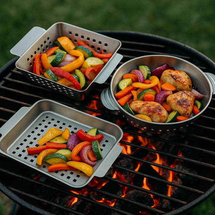 HeRo24 Gourmet BBQ System Wok Set 3-teilig – Gemüse &amp; Fleisch Wokschalen aus Edelstahl – Grillwok/Gr