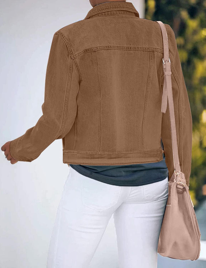 Roskiky Jeansjacken Damen Jean Stretchy Langarm Trucker Jacke mit Tasche M Braun, M Braun