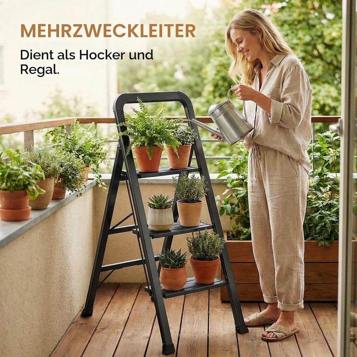 TLGREEN Alu Trittleiter mit Handlauf 3-Stufen-Leiter Klappleiter | Rostfeste rutschfeste Leicht | St