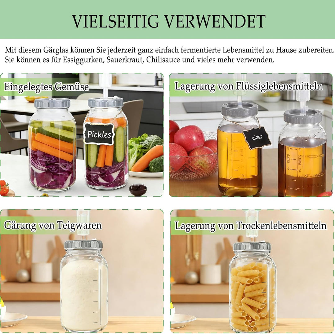 Fermentierglas 2 Stück 2L, Kimchi Behälter mit Luftschleuse und Schraubverschluss, Weithalsige Einma