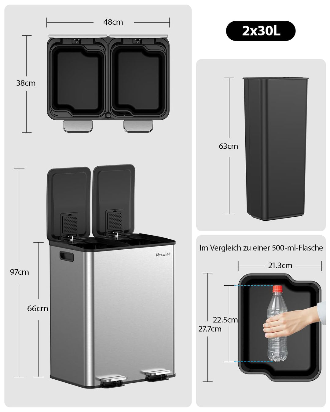 lovewind Mülleimer, 2 x 30L Mülleimer Küche, Doppeleimer für Recycling und Abfall, Silber, Mülleimer