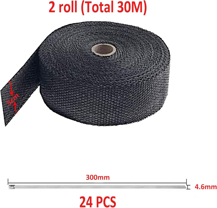 Foneso Hitzeschutzband Schwarz, 30M Hitzeschutzband Auspuff mit 24 Schwarz Edelstahl Kabelbinder, fü