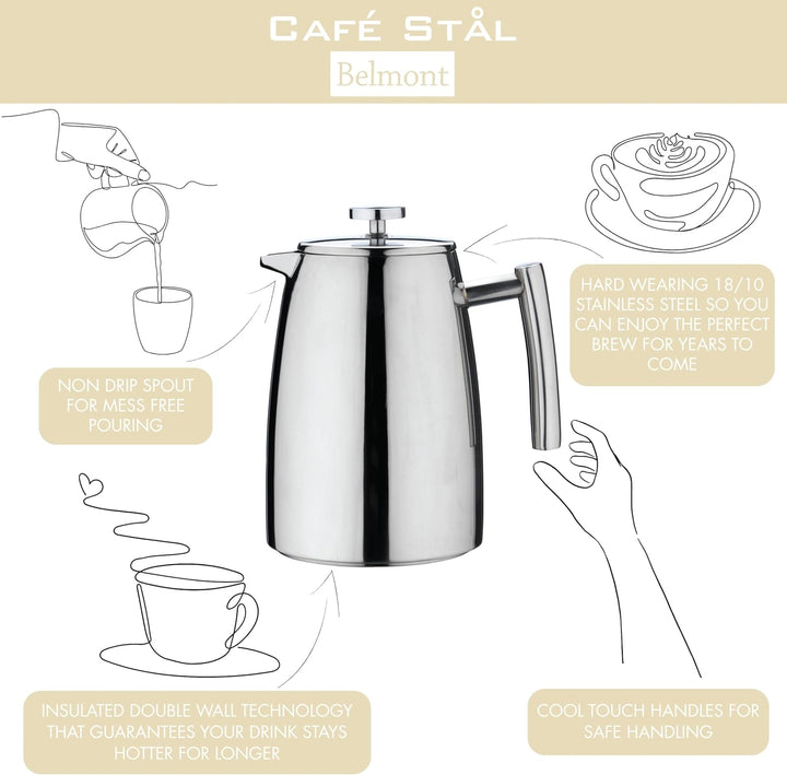 Café Stål Belmont Doppelwandiger Kaffeebereiter aus hochwertigem 18/10 Edelstahl – 6 Mokktassen, 800