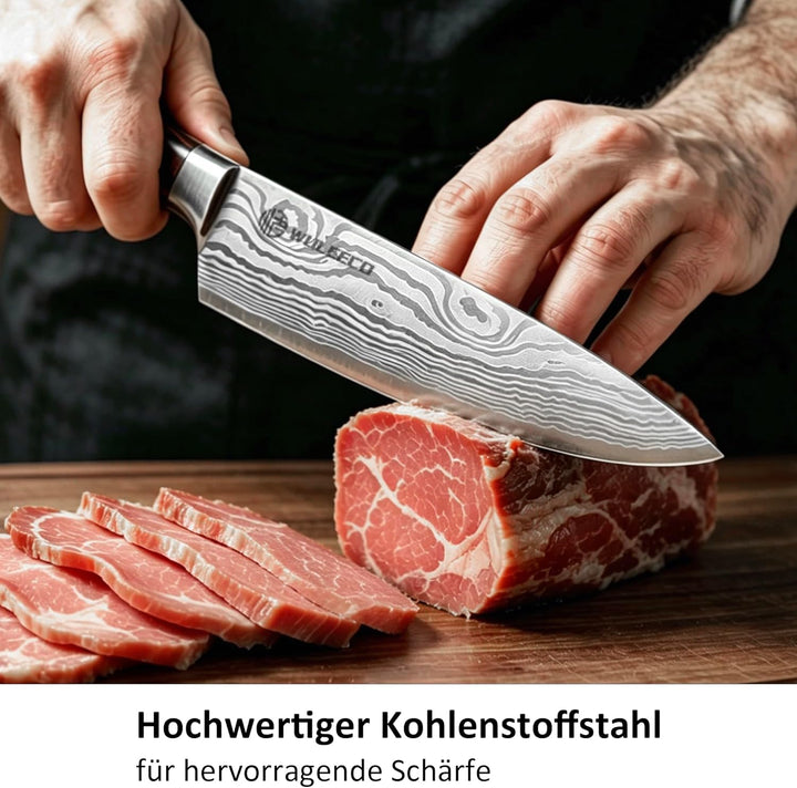 WULECCO Kochmesser 20cm, Proffi Küchen Chefmesser aus Hochkohlenstoffstahl, Ultrascharfe 15° Doppel-