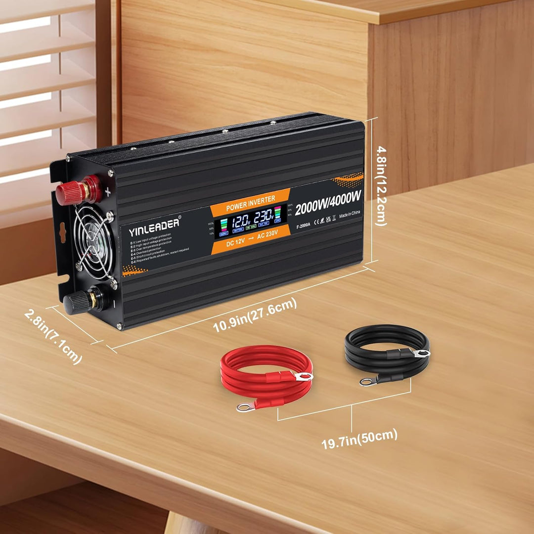 Yinleader Wechselrichter 12V 230V 2000W Spannungswandler mit LCD Display DC 12V auf 230V AC Spitzenl