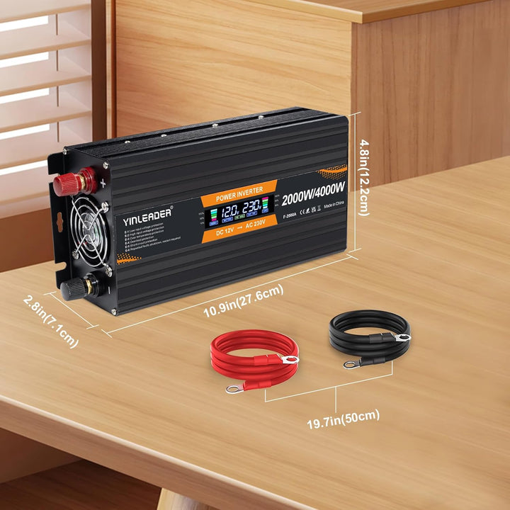 Yinleader Wechselrichter 12V 230V 2000W Spannungswandler mit LCD Display DC 12V auf 230V AC Spitzenl