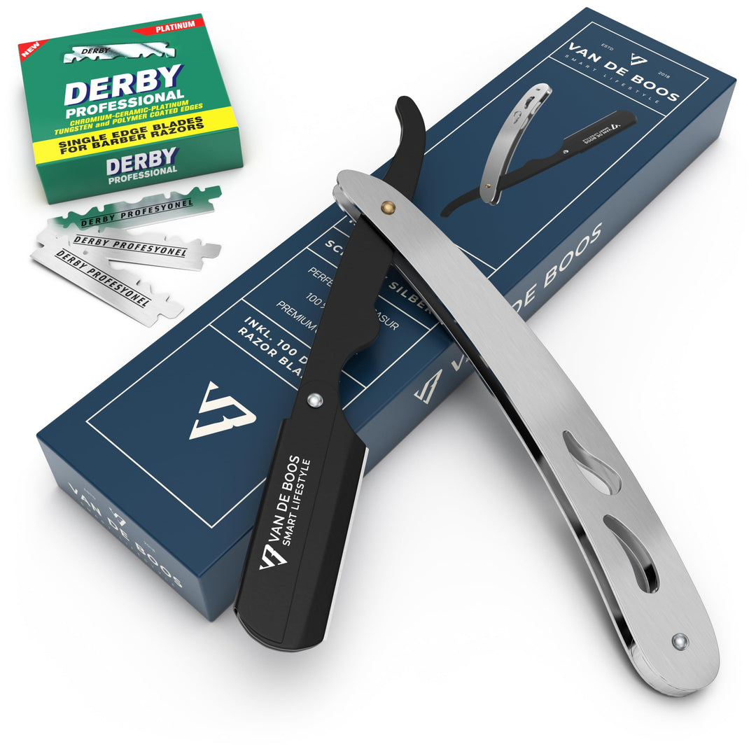 Van De Boos® Rasiermesser-Set mit 100 Derby Wechselklingen - Hochwertiges Edelstahl Barbier Bartmess