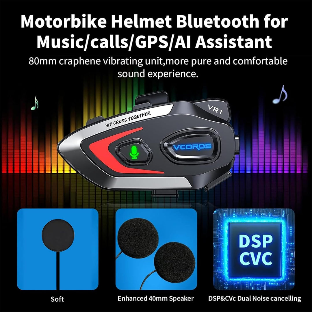 VCOROS Motorrad Helm Headset VR1,Motorcycle Kopfhörer Helmet Nur für eine Person,Wasserdicht IPX6, M