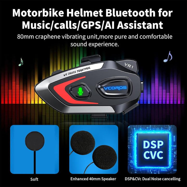 VCOROS Motorrad Helm Headset VR1,Motorcycle Kopfhörer Helmet Nur für eine Person,Wasserdicht IPX6, M