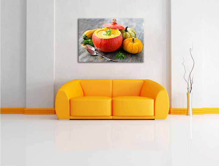 Leckere Kürbissuppe in Kürbis Format: 100x70 auf Leinwand, XXL riesige Bilder fertig gerahmt mit Kei