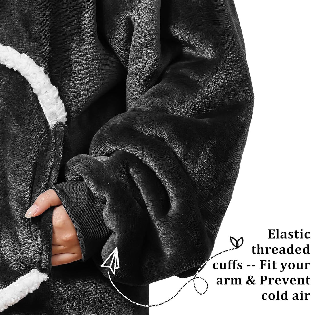 Decke mit Ärmeln und Kapuze, Kuscheldecke Hoodiedecken mit Reissverschluss und Taschen Schwarz, Schw