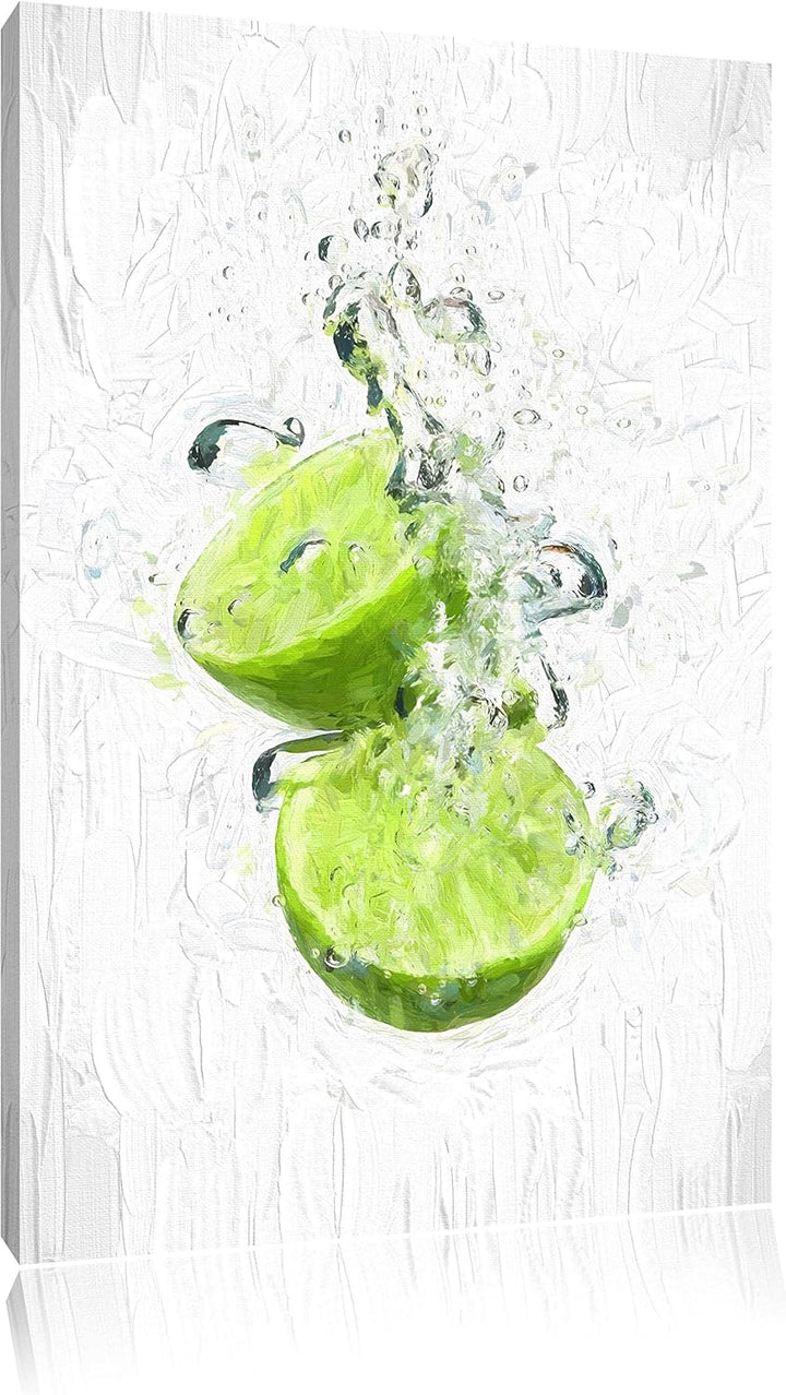 Pixxprint Limette fällt in Wasser / 100x70cm Leinwandbild bespannt auf Holzrahmen/Wandbild Kunstdruc