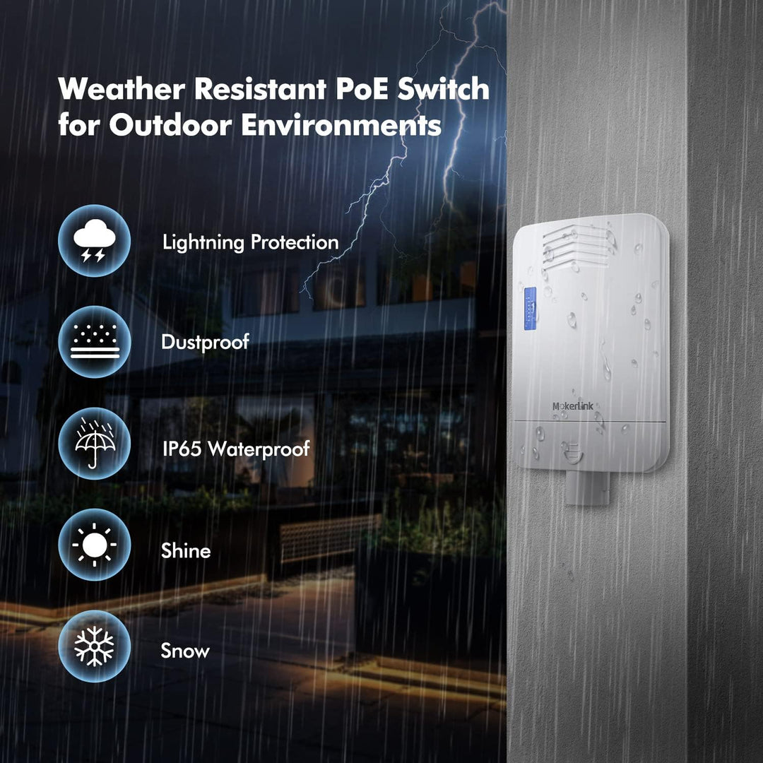 MokerLink Outdoor 6-Port Gigabit PoE Switch, 4 Gigabit PoE, 2 Gigabit SFP, 65W IEEE802.3af/at, IP65