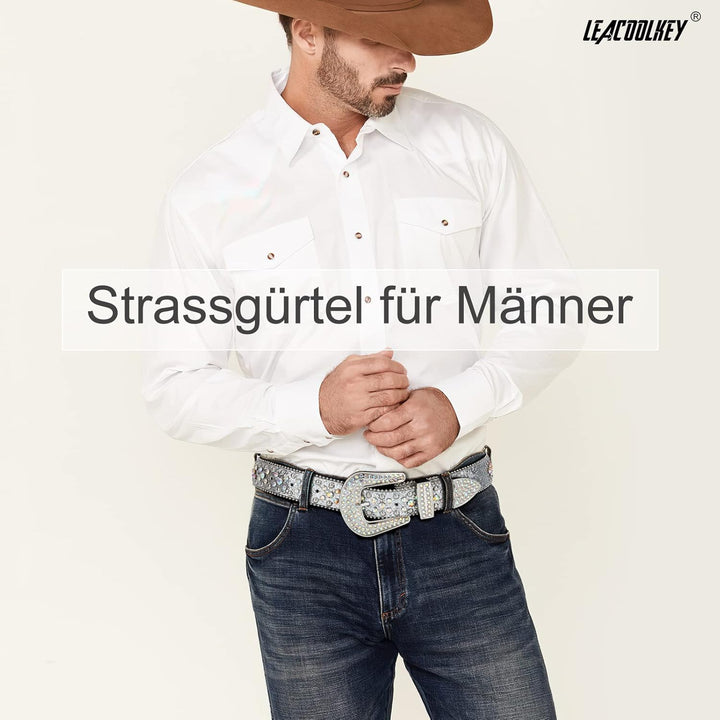 LEACOOLKEY Damen Männer Mode Strass Gürtel, Western Cowgirl Nieten Punk PU Ledergürtel für Jeans S:P