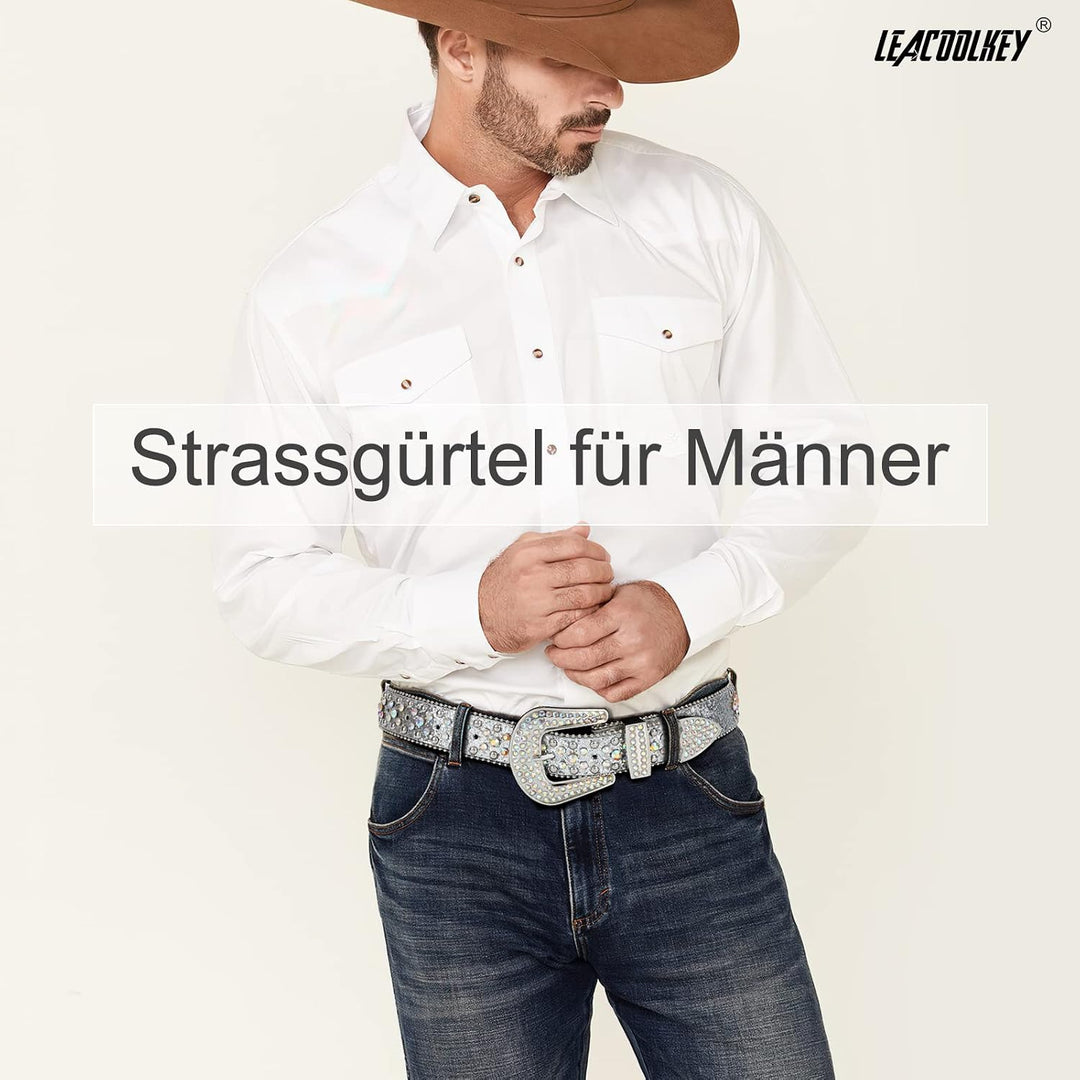 LEACOOLKEY Damen Männer Mode Strass Gürtel, Western Cowgirl Nieten Punk PU Ledergürtel für Jeans M:P