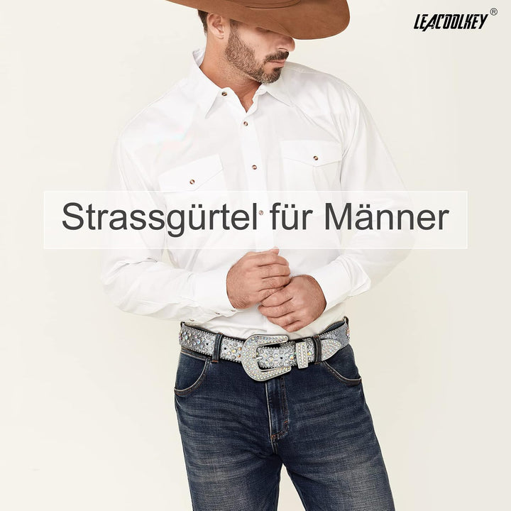 LEACOOLKEY Damen Männer Mode Strass Gürtel, Western Cowgirl Nieten Punk PU Ledergürtel für Jeans M:P