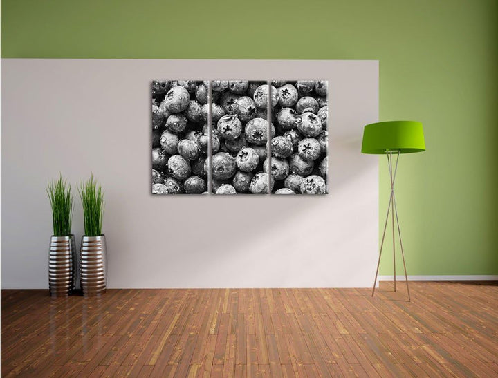 Pixxprint Blaubeeren mit Wassertropfen Kunst B&W 3-Teiler Leinwandbild 120x80 Bild auf Leinwand