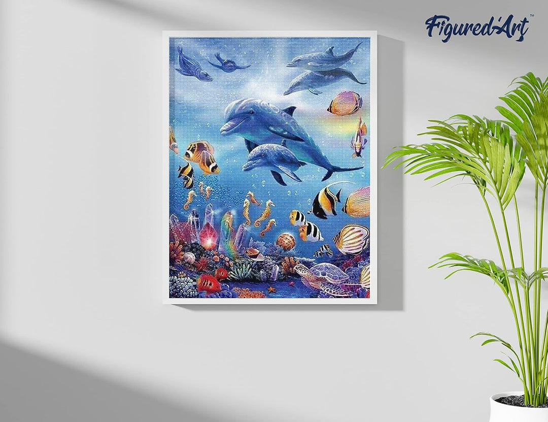 Figured'Art Diamond Painting Erwachsene 40x50cm Ganze Leinwand gerollt Delfine im Meer 5D Bilder Eck