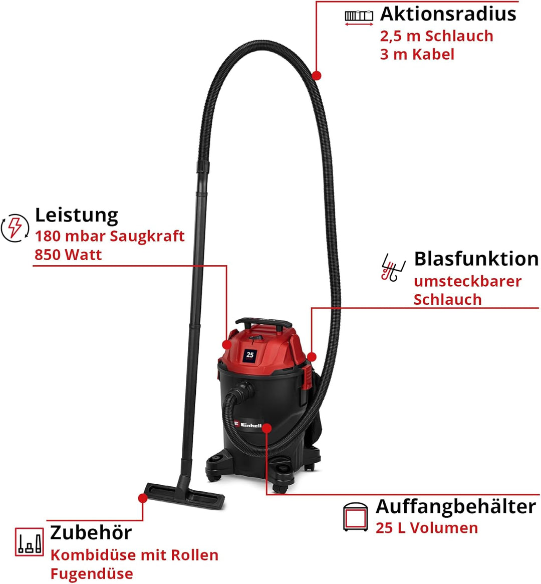 Einhell Nass-Trockensauger TC-VC 2555 (850 Watt, 180 mbar Saugleistung, 25 L Behälter, 4 Rollen, Tra