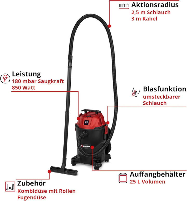 Einhell Nass-Trockensauger TC-VC 2555 (850 Watt, 180 mbar Saugleistung, 25 L Behälter, 4 Rollen, Tra