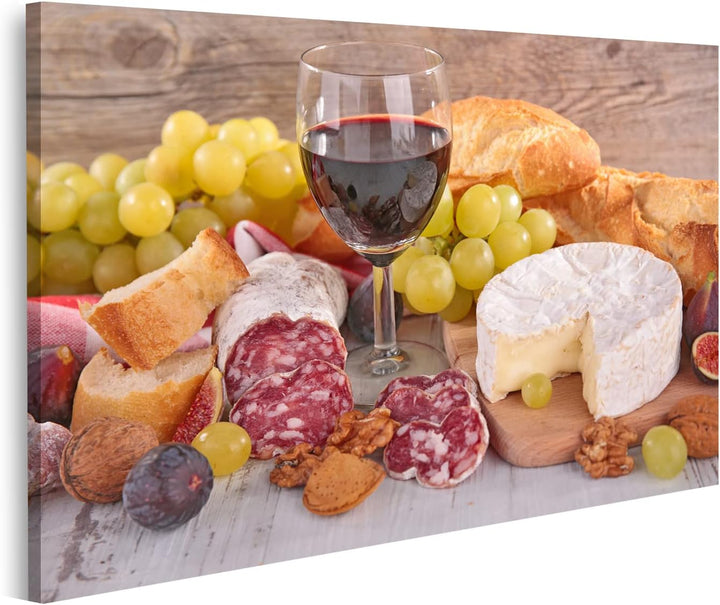 islandburner Bild auf Leinwand Wein Käse Wurst Und Brot Küchenbild Bilder Wandbilder Poster, 80L x 4