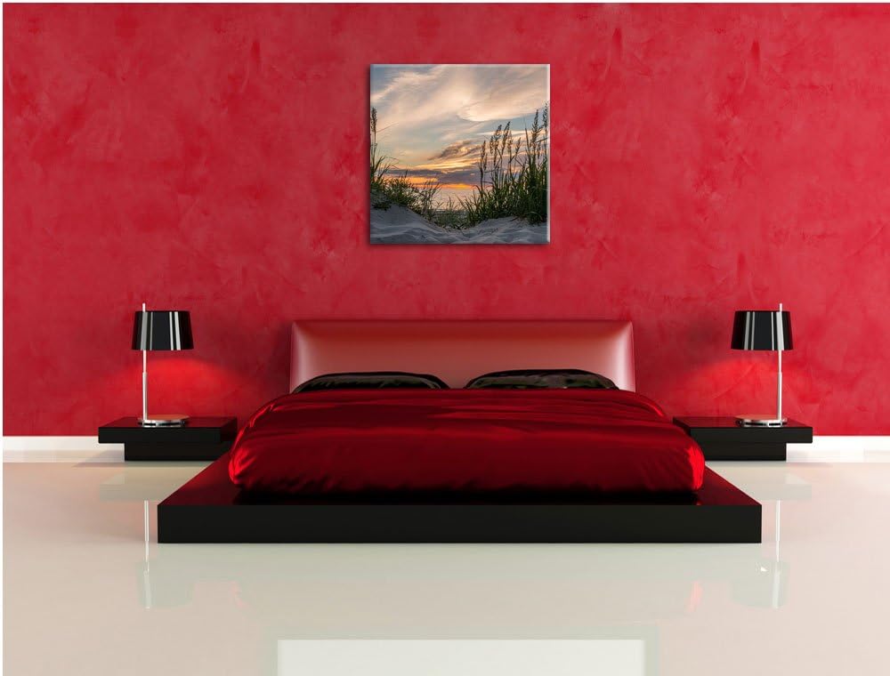 Pixxprint Gras am Strand bei Sonnenuntergang, Format: 70x70 auf Leinwand, 70x70