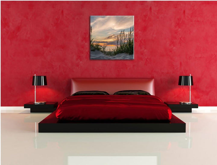 Pixxprint Gras am Strand bei Sonnenuntergang, Format: 70x70 auf Leinwand, 70x70