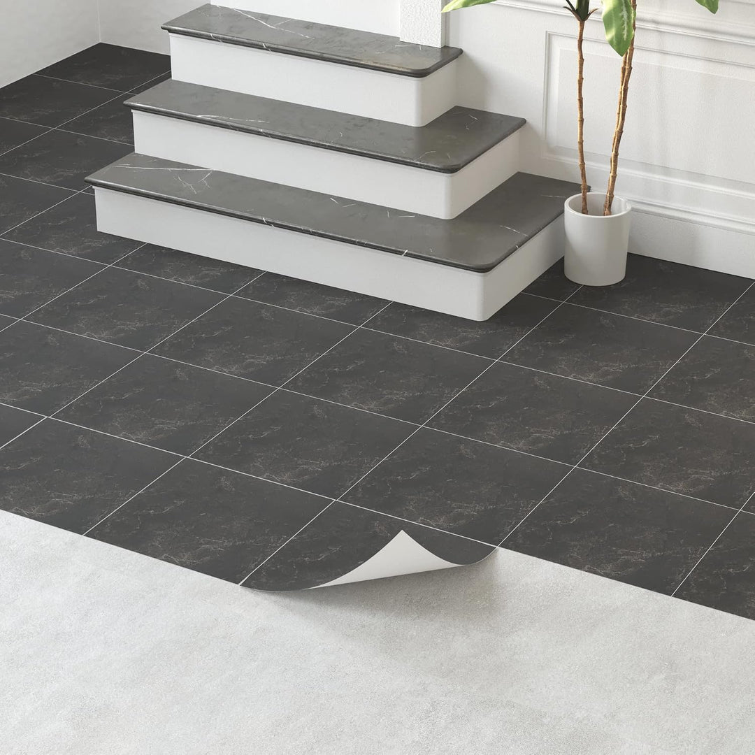 PVC Bodenbelag Selbstklebende Fliesen Schwarz Marmor 30x30 cm, Fliesenoptik Vinylboden Bodenfliesen
